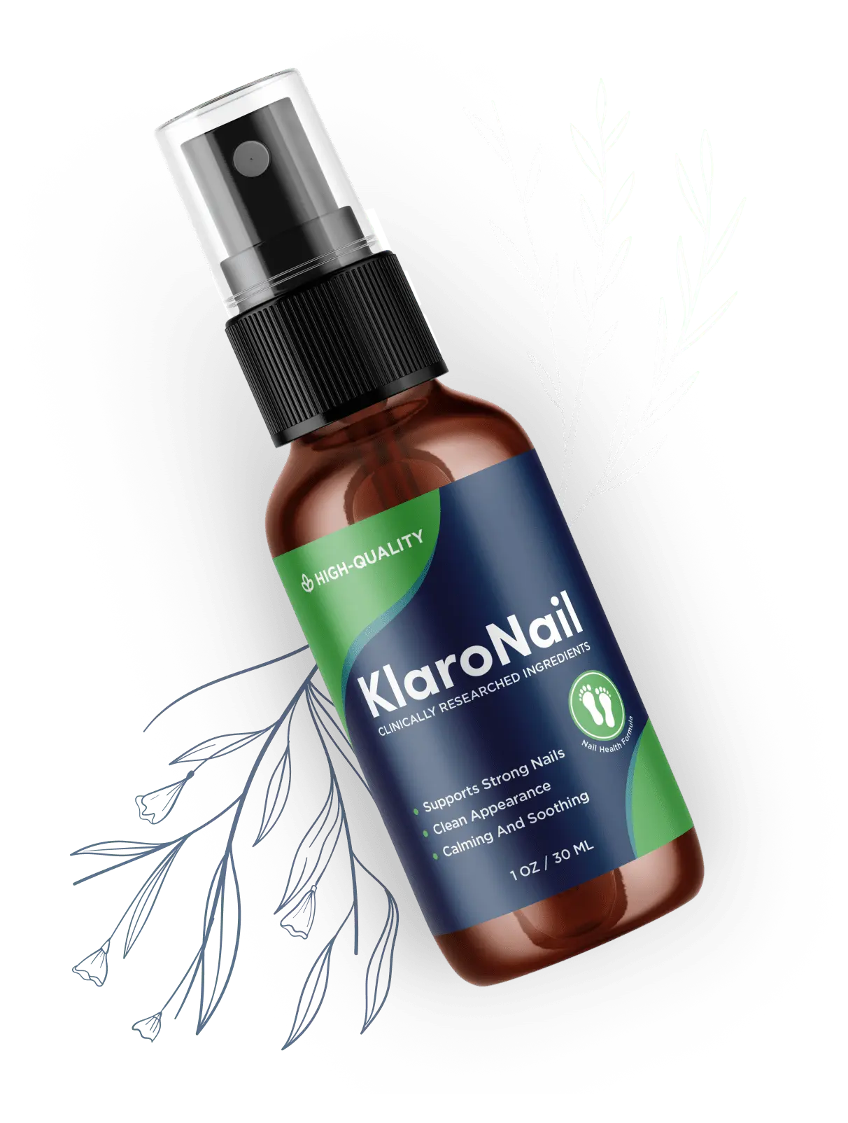 KlaroNail topical nail and cuticle spray bottle with botanical line artwork