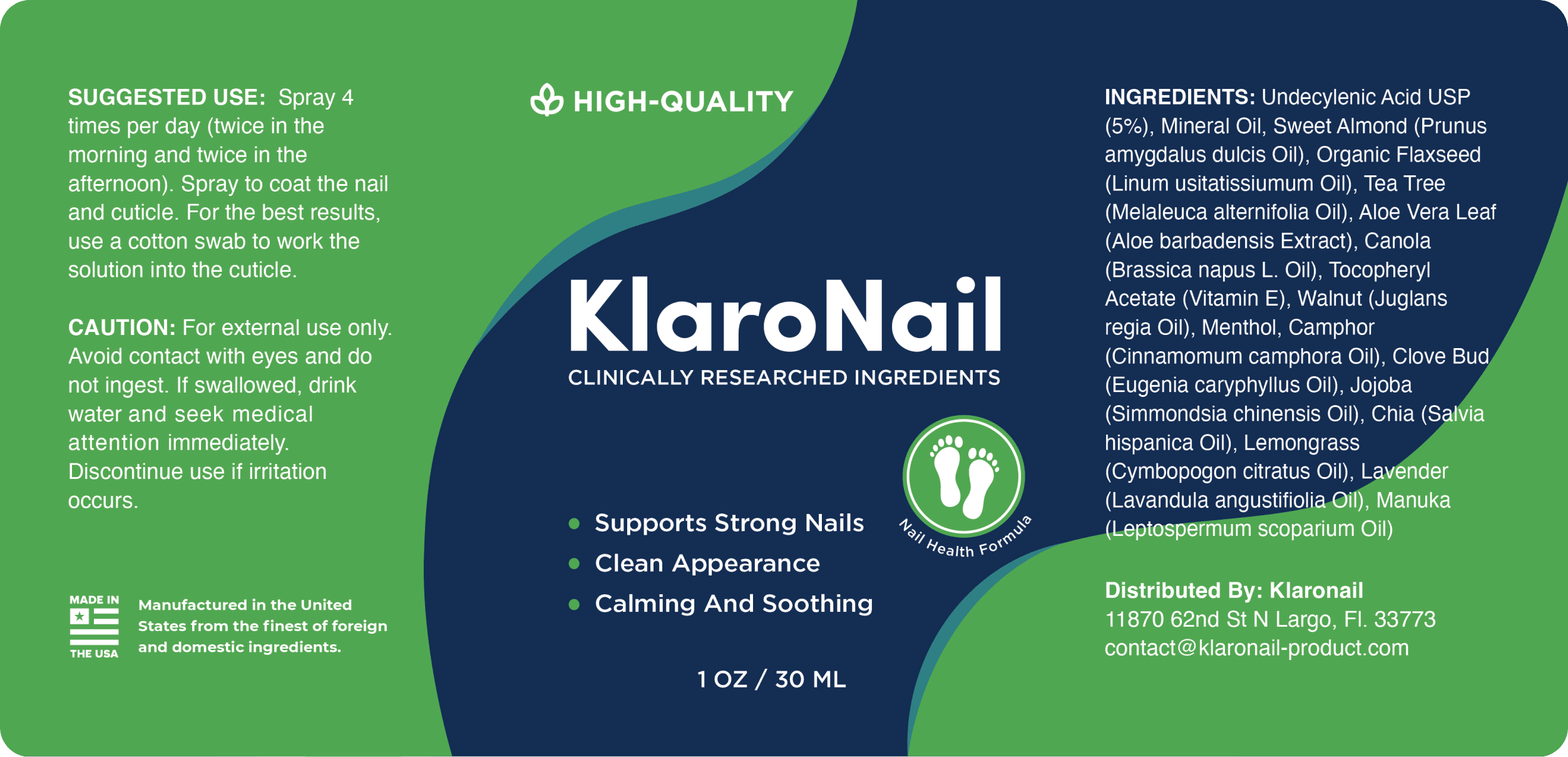 Full KlaroNail label showing ingredients, directions and external-use cautions